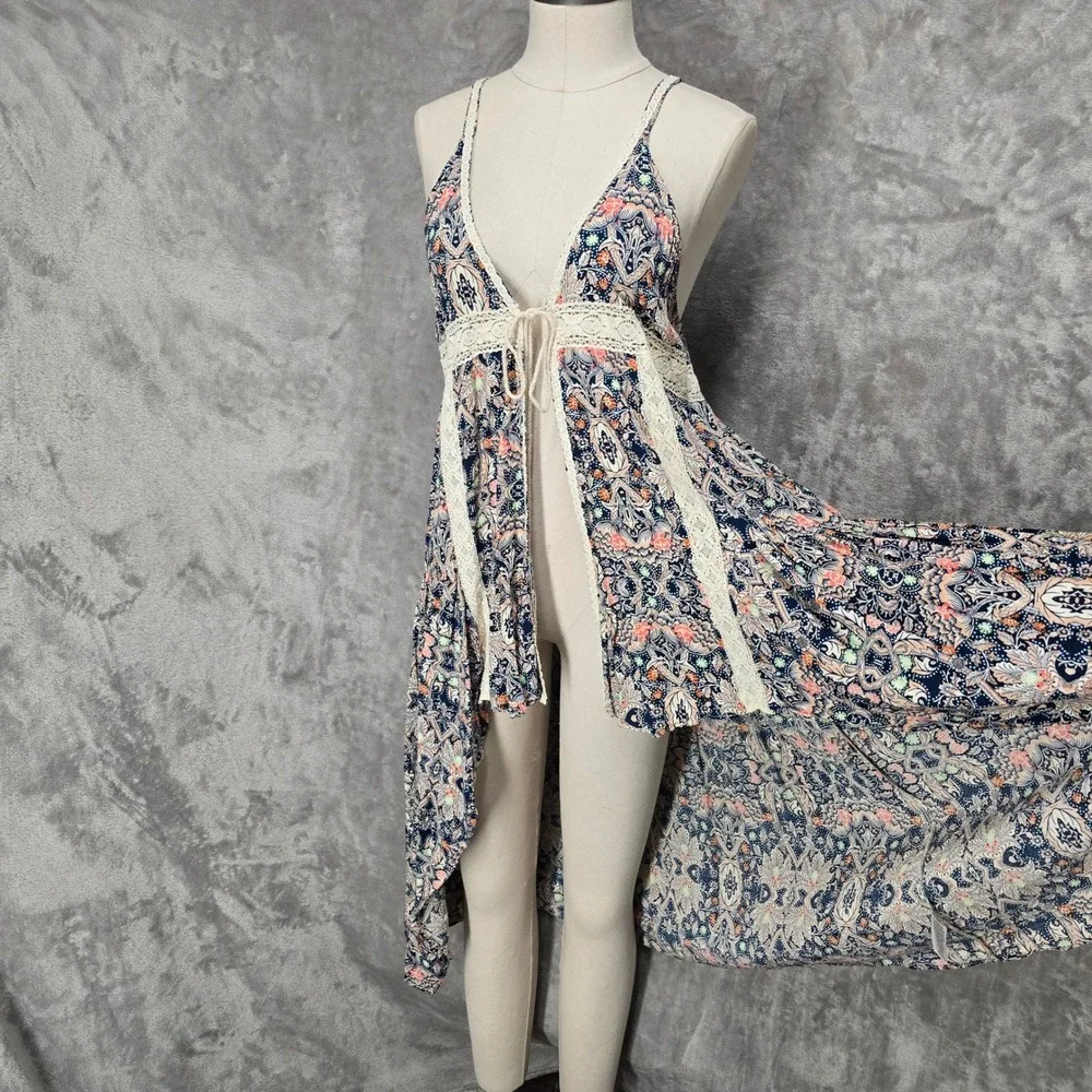 Umgee Women M Paisley High Low Top Crochet Lace Boho Festival Tie Front Coastal - Picture 2 of 11